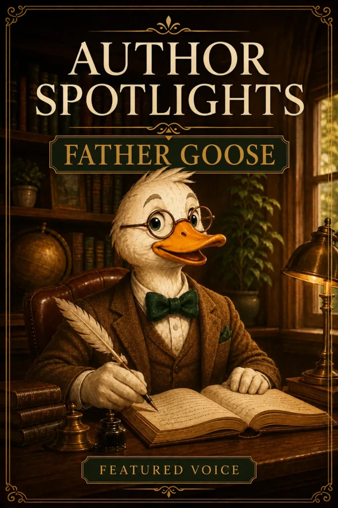 Author Spotlight featuring Father Goose, Pen Odyssey's whimsical narrator, keeper of rhyme, and playful trickster